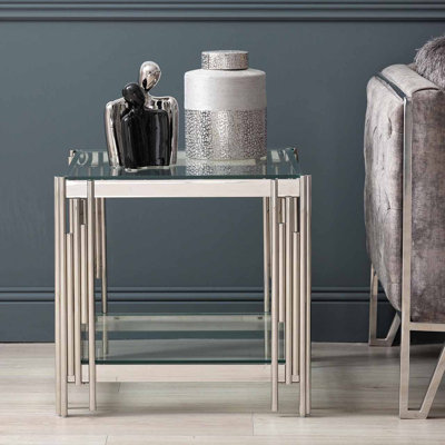 Bruzios 55cm Sofa Side Table for Living Room Furniture, Glass and Metal End Table