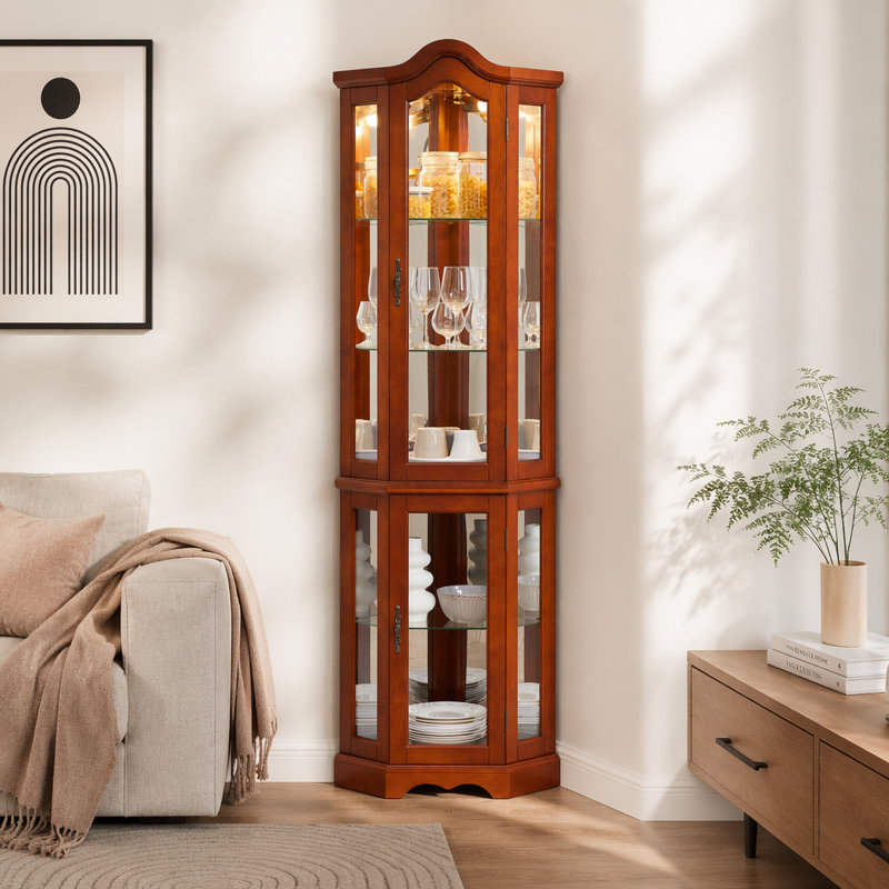 Vitrine de coin avec lumières, tablettes réglables en verre trempé, dos en miroir, vitrine (ampoule E26 non incluse), Walnut