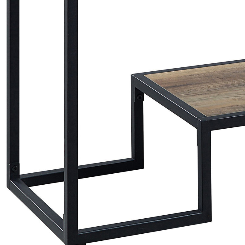 Bureau rectangulaire en chêne rustique avec accents et tablettes noirs - idéal pour le rangement dans l'espace de travail