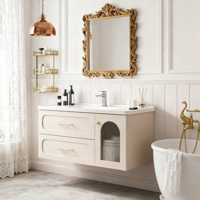 40" Modern Floating Bathroom Vanity Set with Arched Acrylic Fluted Door, Integrated Ceramic Sink and Drain
