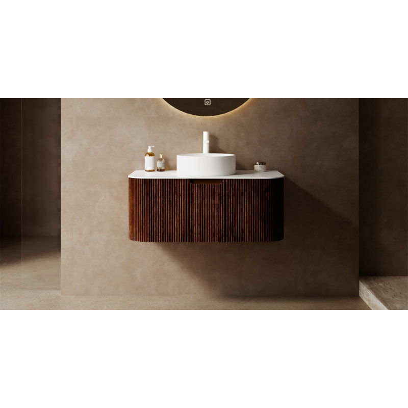 Meuble-lavabo de salle de bain 36 po avec tiroir en céramique et tiroir, Bois naturel