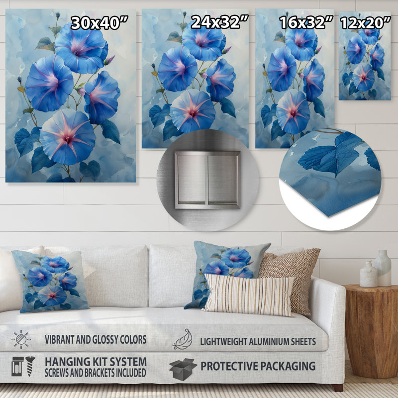 «Garden of Blue Morning Glory Bloom II - Morning Glory», art mural, Sans cadre, métal, H 24 po x l 32 po