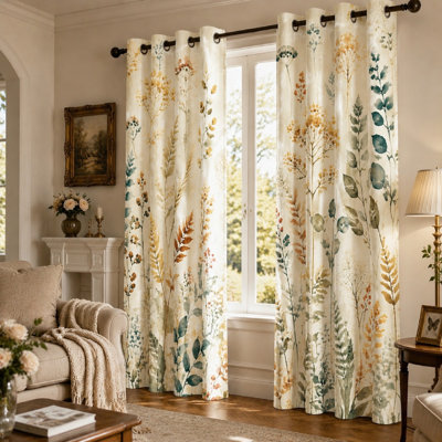 2Pcs Botanical Print Sun Blocking Curtains, Watercolor Floral Style, Vintage Wildflower Textured Art Ring Top, Bedroom and Living Room Decoration for Home Dector