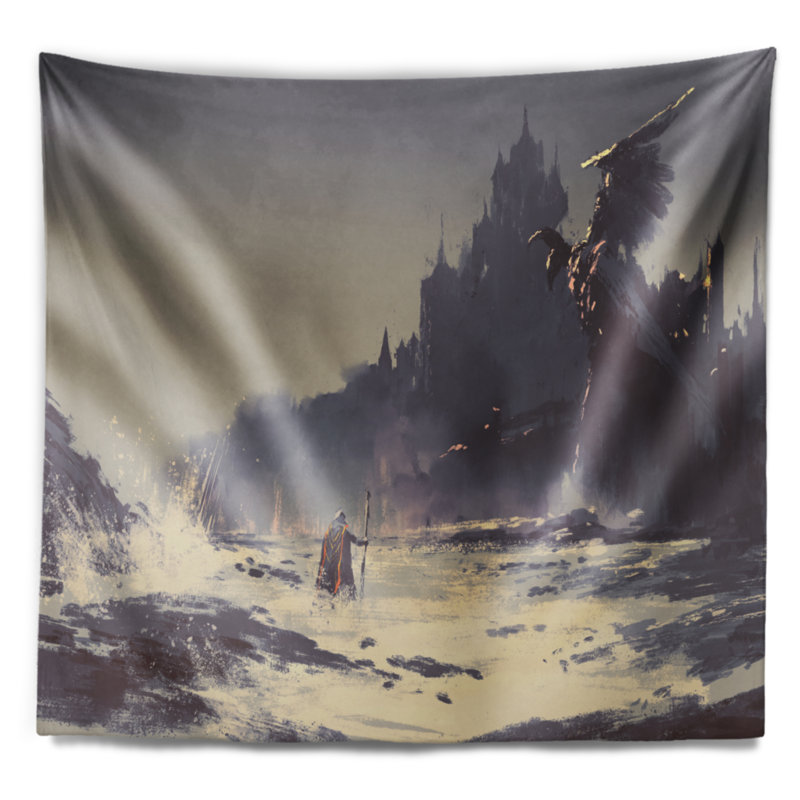 Peinture dark fantasy castle tapestry Landscape, H 32 po x l 39 po