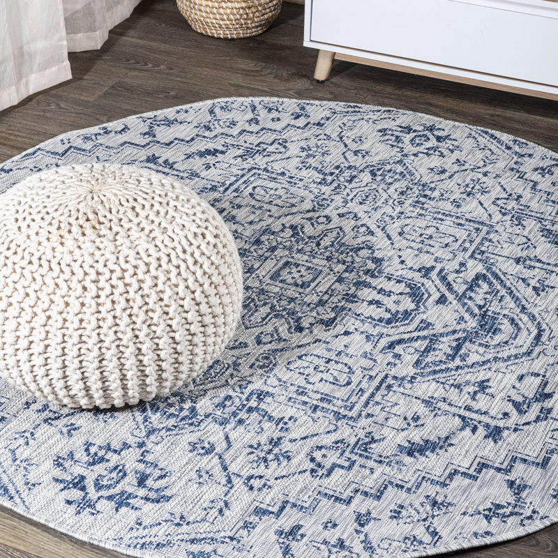 Truman Bohemian Medallion Textured Weave Navy/Gray Indoor/Outdoor Rug, Round 9'