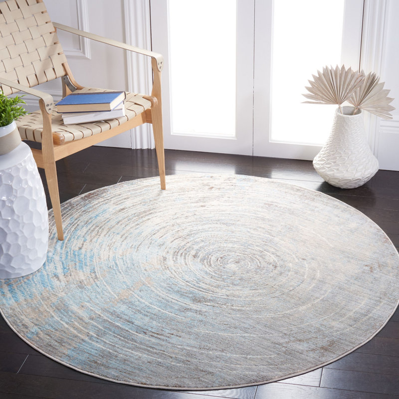 Tapis abstrait gris / bleu, Rond 5 pi