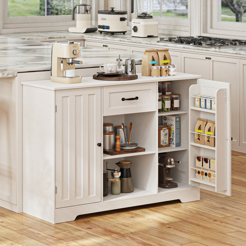 Buffet à 3 tiroirs de 45,7 po de largeur avec portes de garde-manger, tablettes réglables et grand tiroir, Blanc