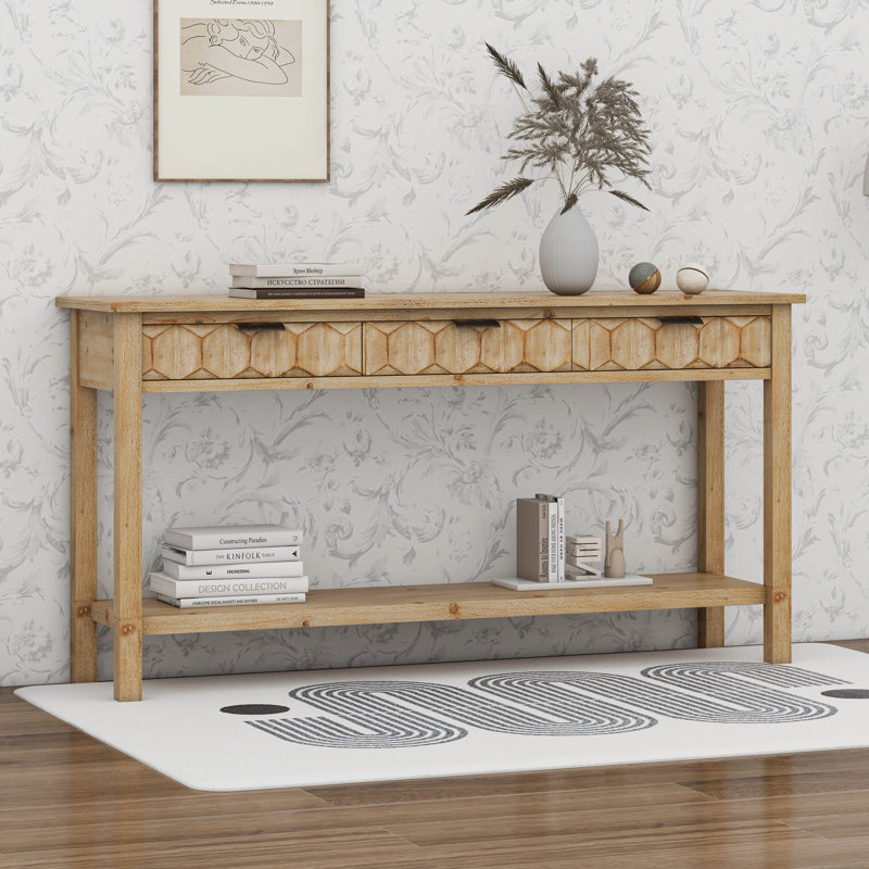 Table d'entrée en placage avec façades en nid d'abeille, console moderne élégante à 3 tiroirs, Naturel