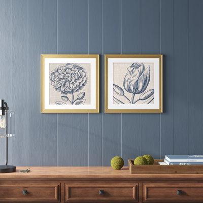 " Indigo Floral On Linen III " 2 - Pieces