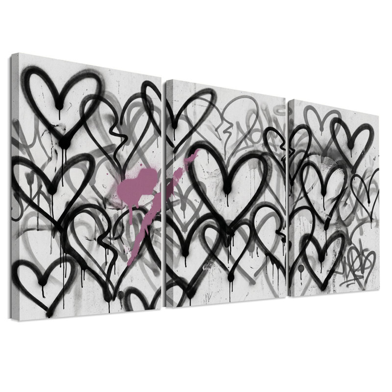 Ensemble de 3 toiles murales avec des cœurs dégoulinants noirs et roses, style graffiti, 36"H x 24"W x 3pcs