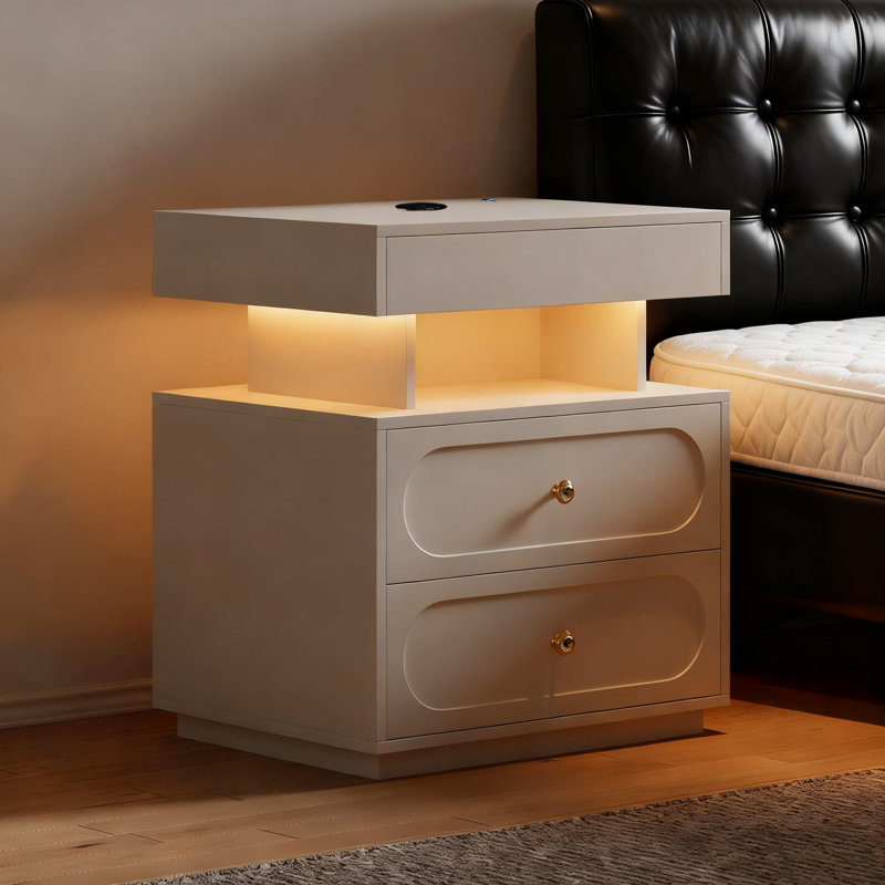 Floating 3-Drawer LED Smart Nightstand with Light  , White