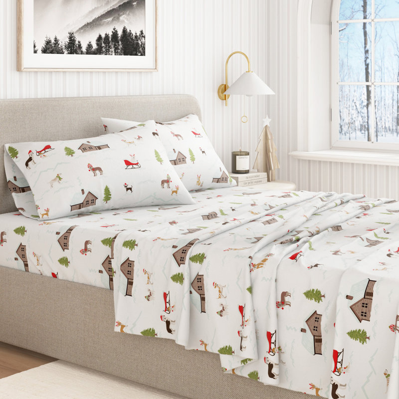 100% Turkish Cotton Flannel Christmas Sheet Sets, Winter Pups, Full with 2 Pillowcases