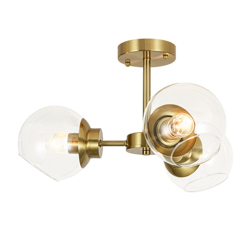 3 - Light Modern Clear Glass Shade Sputnik Semi Flush Mount, Brass