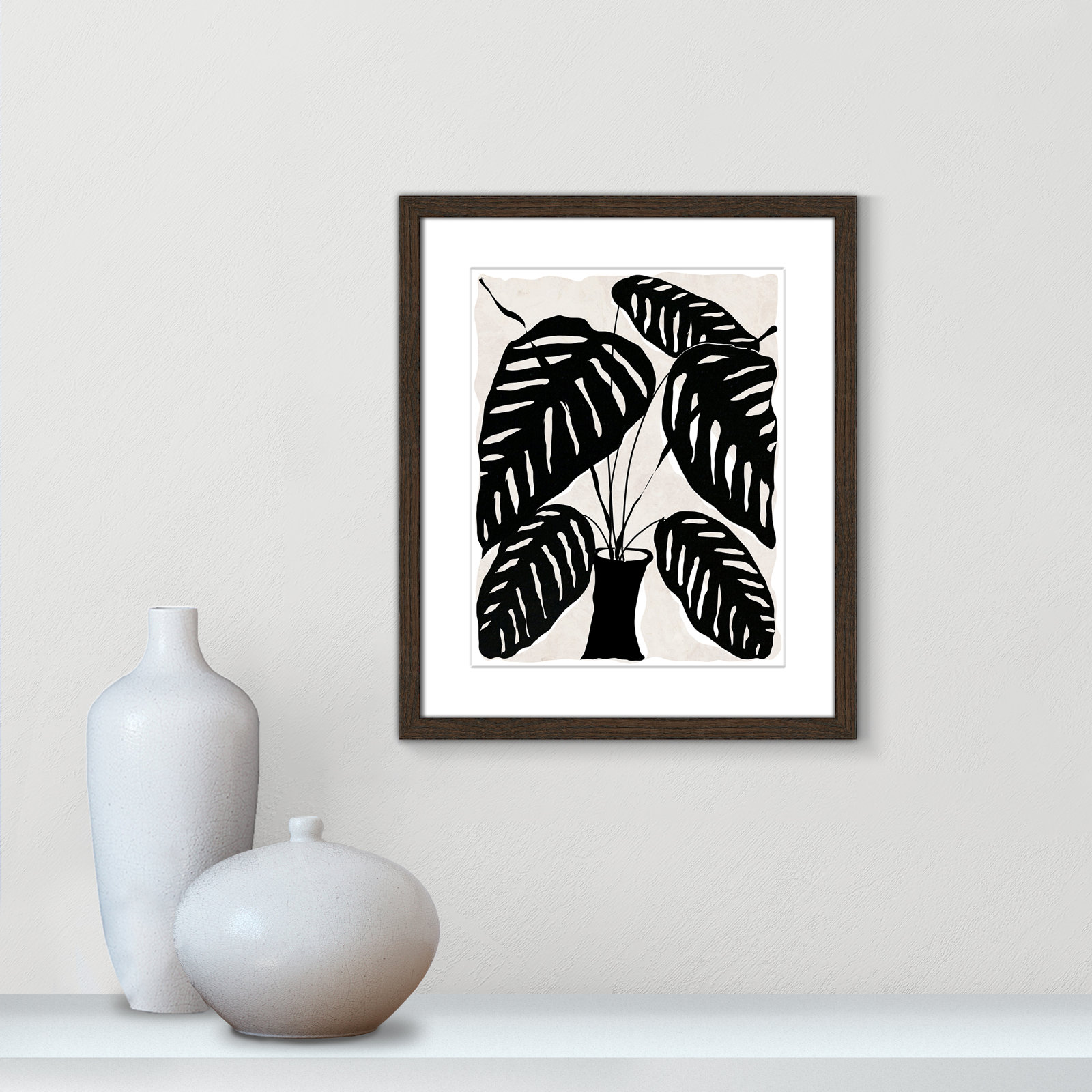 Black and White Potted Plant I Print, 19" H x 16" W x 0.75" D, Walnut Framed