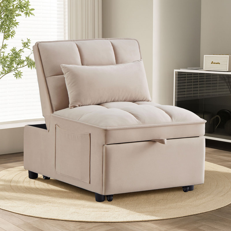 Modren Velvet Upholstered Convertible Futon Chair with Side Storage Pockets, Taupe Velvet