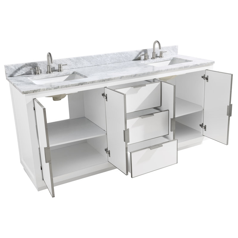 Ensemble de meuble-lavabo double 73 po Salise, Marbre blanc de Carrare / argent, Blanc