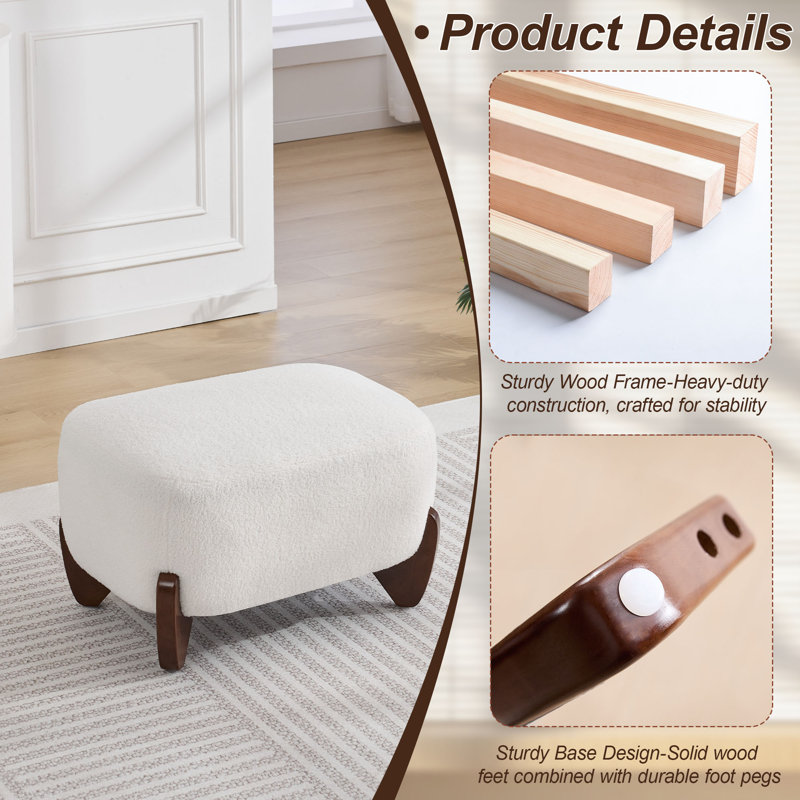 28.7" Wide Boucle Ottoman with Solid Wood Legs, White