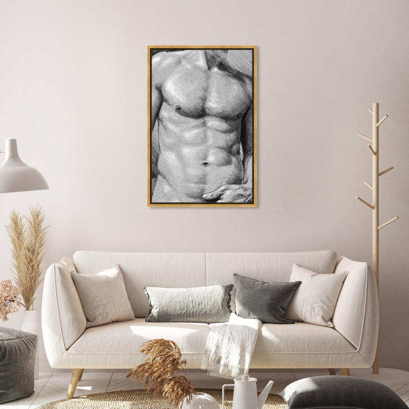Torse mâle en gris - impression, Cadre en plastique doré, H 31 po x l 21 po x P 1,75 po