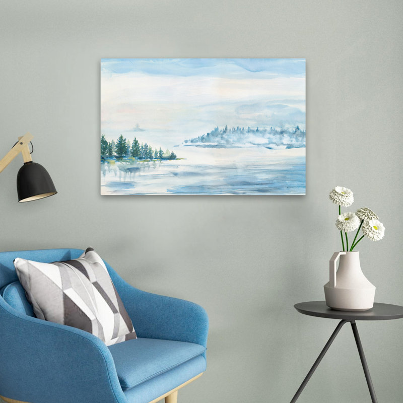 Lac brouillard contemporain bleu gris blanc brouillard à feuilles persistantes, H 24 po x l 16 po