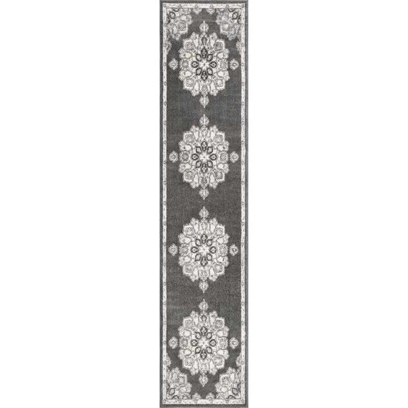 Tapis oriental gris en polypropylène de 5 pi x 5 pi Octagon, Tapis de couloir 2 pi 7 po x 12 pi