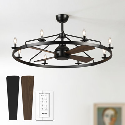 Vaczon 43.3" Wagon Wheel Fandelier Ceiling Fan with 8-Light and Remote Control, Chandelier Fan For Patio Foyer Living Room Bedroom Dining Room