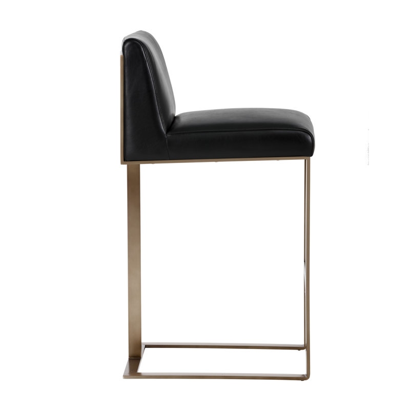 Dean Upholstered Stool with Metal Frame, Black, Bar Stool (30" Seat Height), Antique Brass