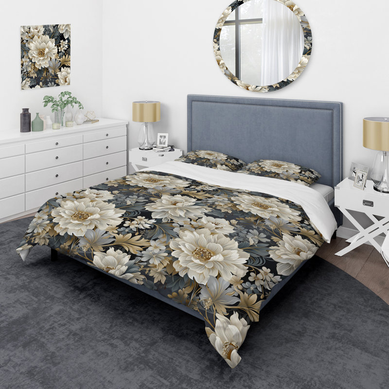 Ensemble de housse de couette Flower Elegance Neutral Gray - Floral, Housse de couette pour grand lit et 2 taies décor