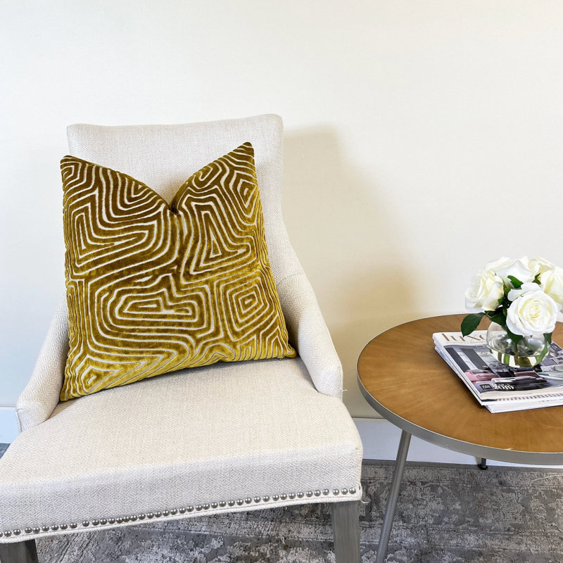 Maze Velvet Throw Pillow Cover, 20"H x 20"W, Gold Geometric