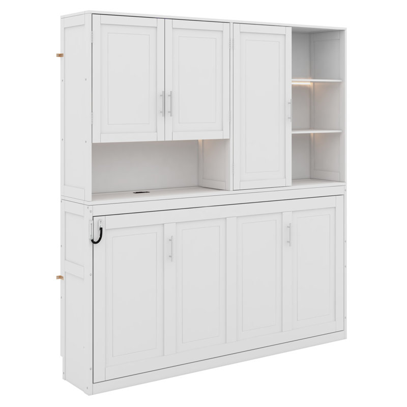 Lit mural peu encombrant avec armoire supérieure et tablettes intégrées, Blanc