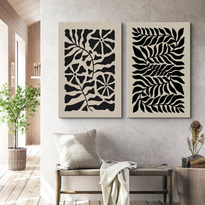 Abstract Botanical " Black Abstract Floral Botanical Minimalist Modern Eclectic Print Boho Wall Art Decor " 2 - Pieces