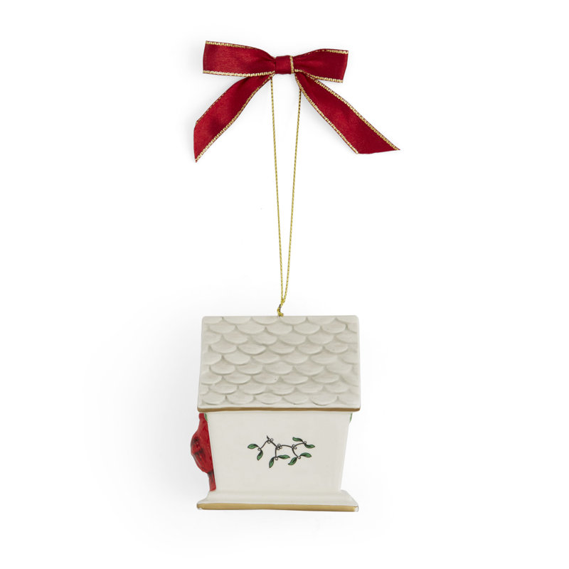 Elegant White and Red Porcelain Birdhouse Christmas Ornament