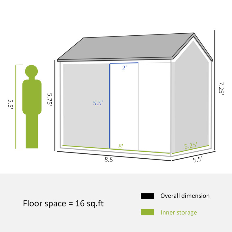 Remise de rangement extérieure 8 pi x 5,5 pi Outsunny, remise de jardin en métal avec fenêtre et porte verrouillable double, remise extérieure pour outils avec toit incliné pour cour, patio, garage, pelouse, gris
