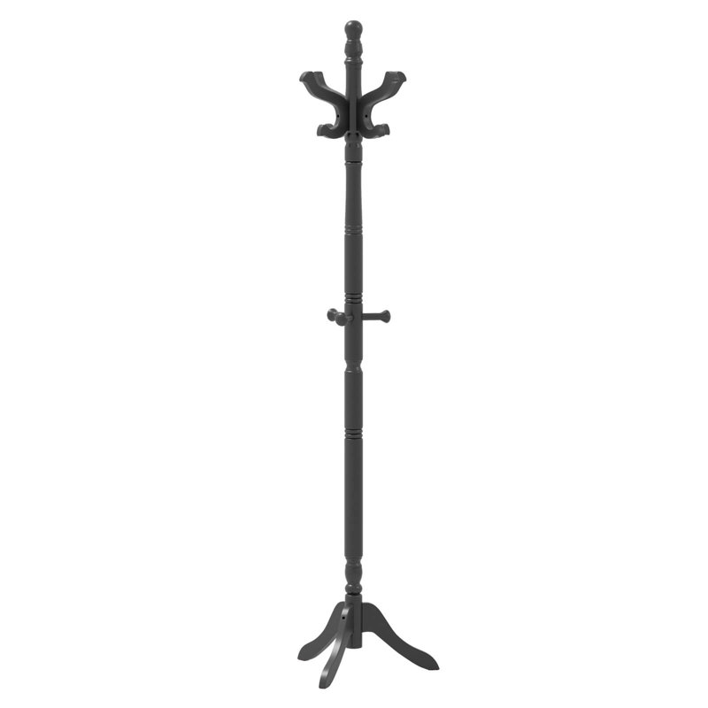 Solid Rubber Wood Coat Rack with 3 Adjustable Heights and 11 Hooks for Hallway, Black