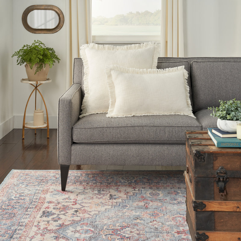 Ivory Stonewash Cotton Square Throw Pillow with Fringe Edges