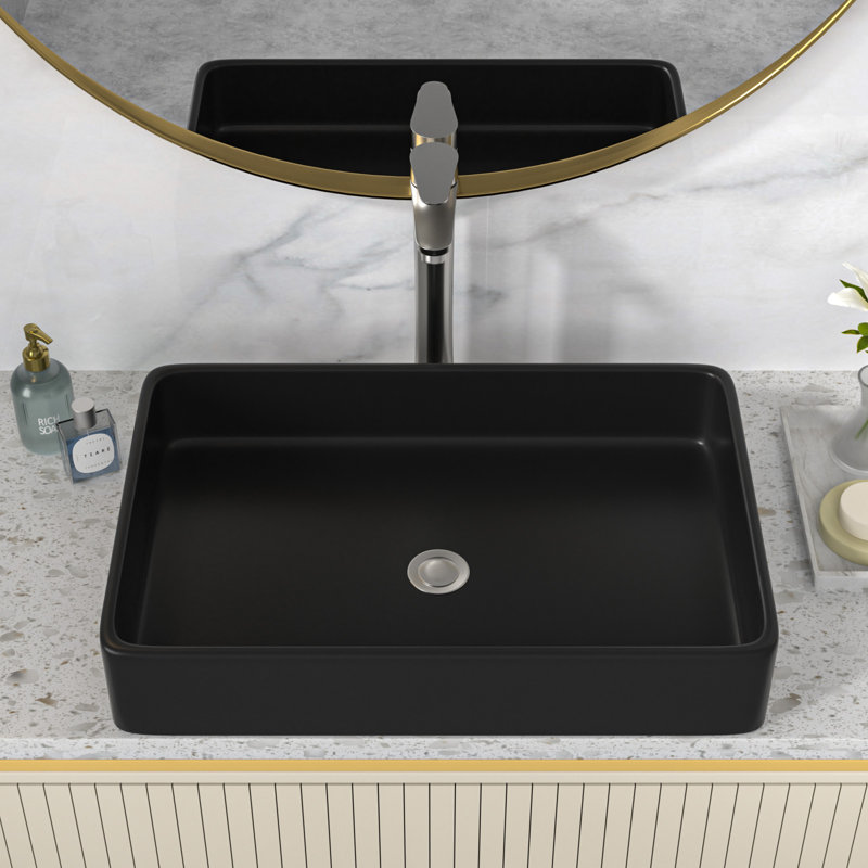 Lavabo de salle de bain rectangulaire 24 po x 16 po en céramique blanche moderne, Noir