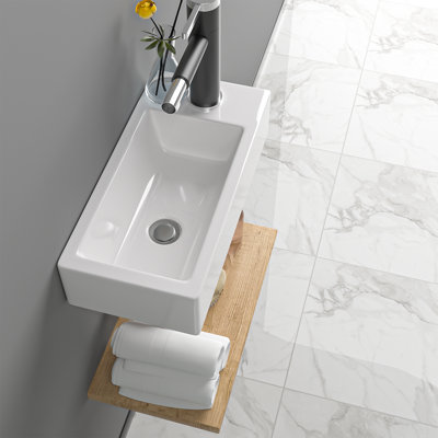 Lofeyo 15" Bathroom Sink Wall Mounted Fireclay Pure White Sink Right Hand Faucet Hole Rectangle Basin