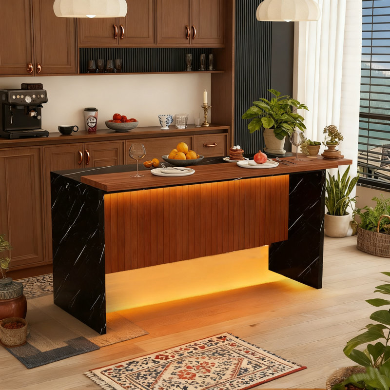 63" Modern Kitchen Dining Table With LED Lights, Kitchen Console Table For 2-6 People, Walnut/Black