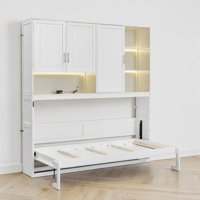Twin Size Murphy Wall Bed with Top Cabinet, Shelves, USB Charging & Light, Space-Saving Foldable Bed for Bedroom or Guest Room