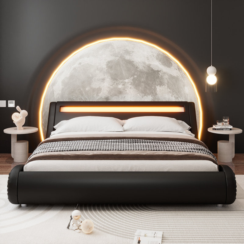 LED Platform Bed Frame With Adjustable Headboard, King, Black