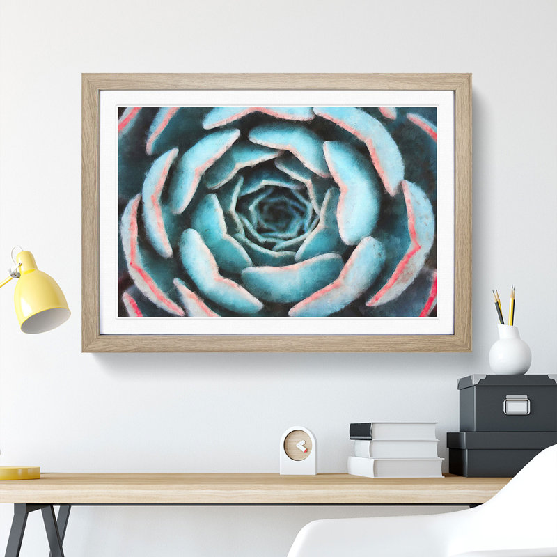 Pink And Green Succulent Plant - Single Picture Frame Print on MDF, Oak, 33cm H x 45cm W x 2cm D