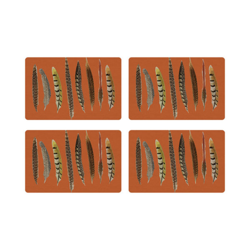 Pheasant Feathers Vegan Leather Rectangle Pebble Placemat, Orange