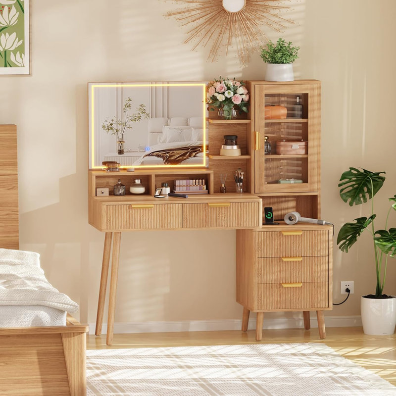 Meuble-lavabo à 5 tiroirs avec lumières et prise de courant, conception cannelée moderne, miroir lumineux HD 23,6 po, pieds en bois massif