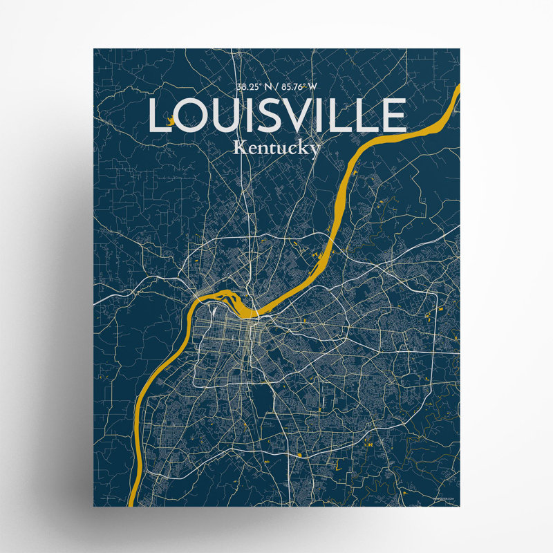 «Louisville City Map», impression, H 20 po x l 16 po, Bleu / Jaune