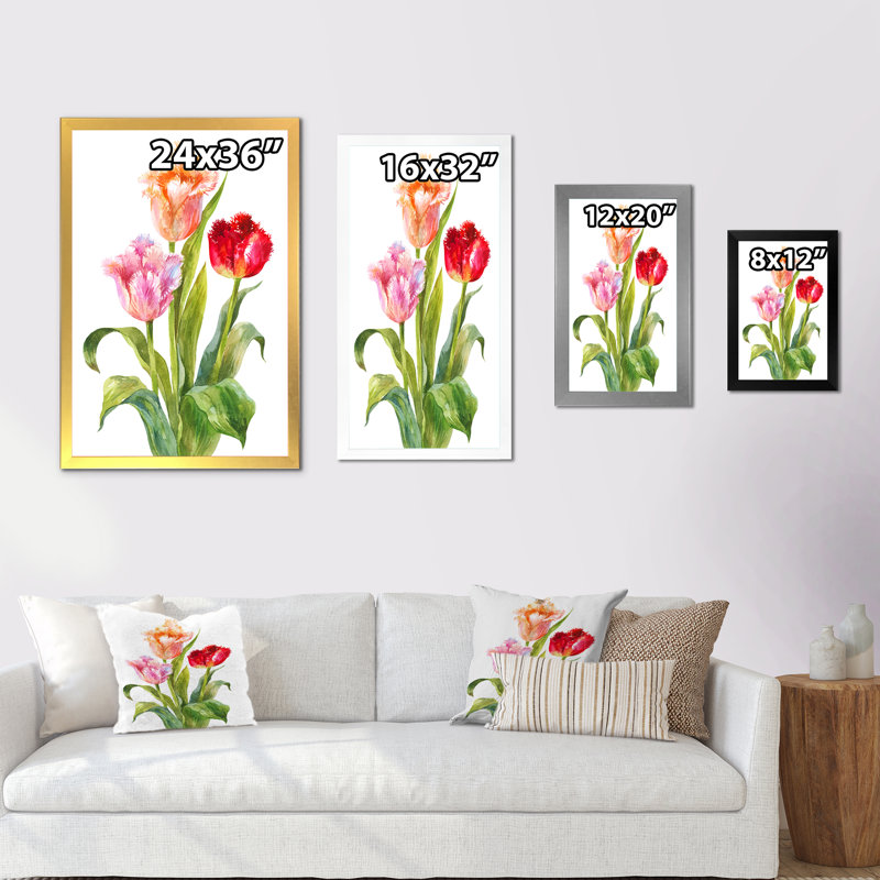 Tulipe rose, orange et rouge - décoration murale traditionnelle sur toile, H 32 po x l 16 po x P 1 po