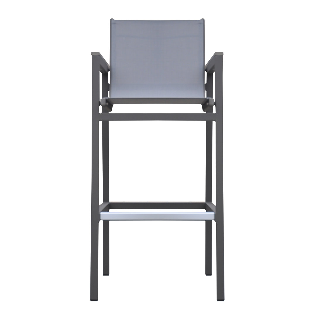 Aloys Outdoor Barstool in Gray Powder Coated Finish with Gray Sling PVC-coated polyester and Wood Accent Arms Wade Logan®