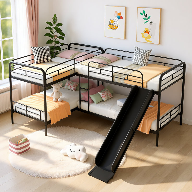 Lit simple superposé en forme de L avec glissière et échelle, 4 lits dans 1 conception compacte, structure robuste avec garde-corps, finition noire