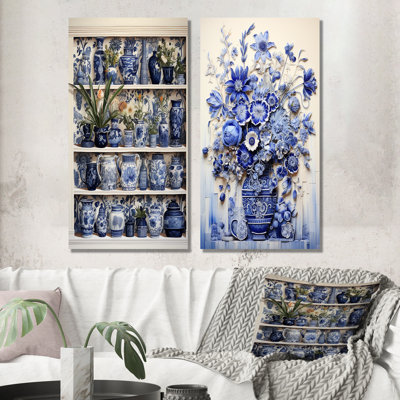 Blue And White Boho Plant Pottery II - Boho Pottery Wall Decor Set Of 2