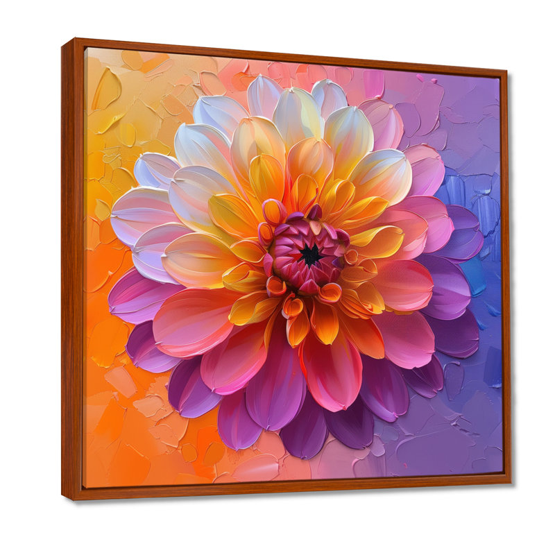 Dahlia mauve, orange et été - impression d'art mural Dahlia, Cadre flottant brun, H 16 po x l 16 po x P 1 po
