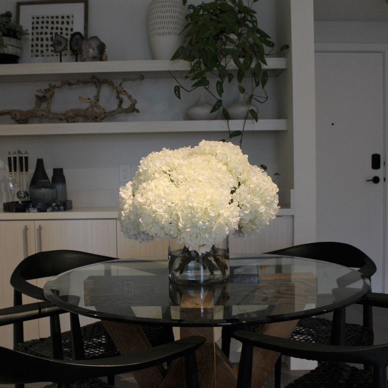 White Hydrangeas In Clear Glass Cylinder Vase, White, 16" H x 18" W x 18" D