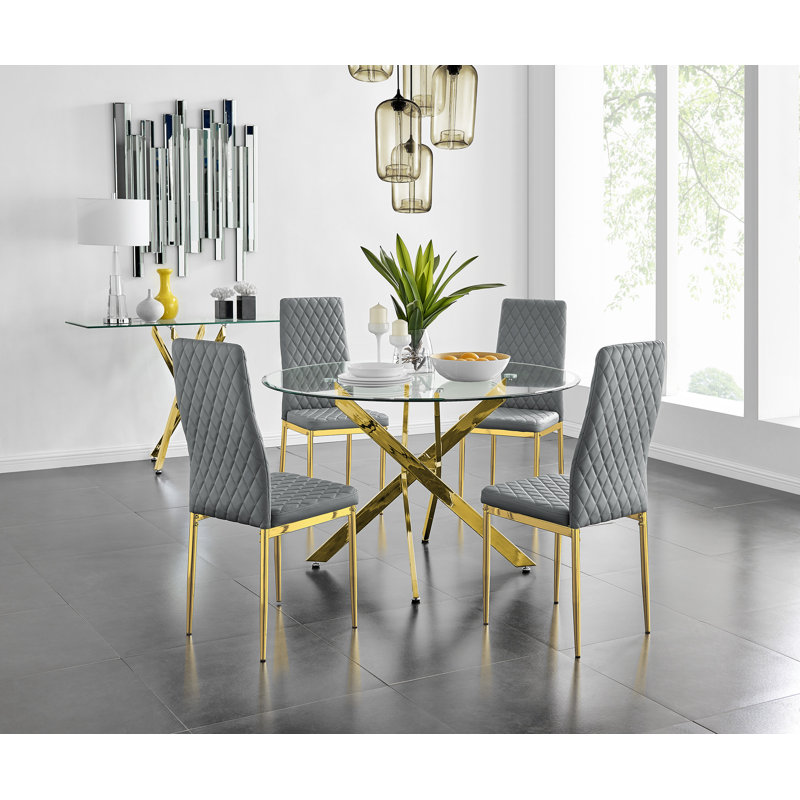 Eubanks 4-Person Round Dining Set, Gray/Gold, Gold